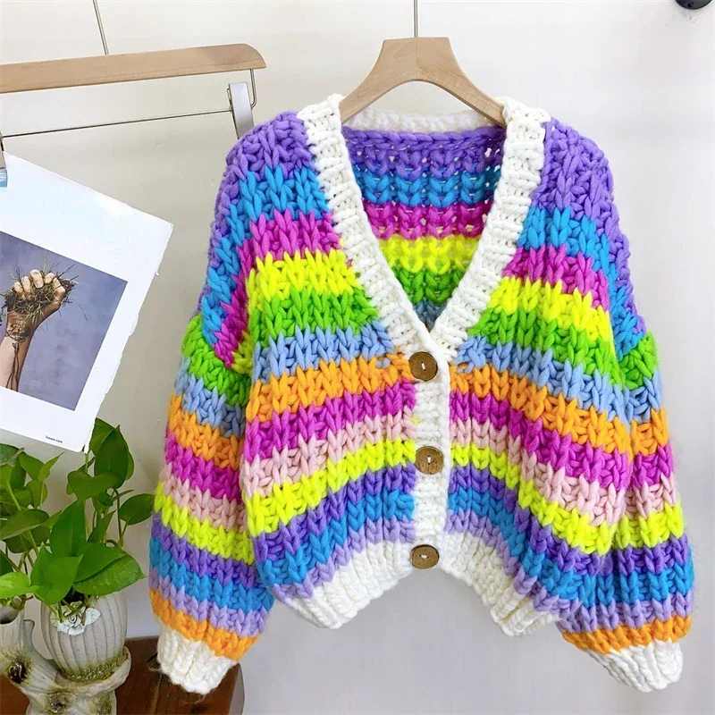 Women Handmade Rainbow Colorful Warm Chunky Knit Bulky Cardigan Multi Color Sweater Coat Autumn Winter New in Woman Clothing