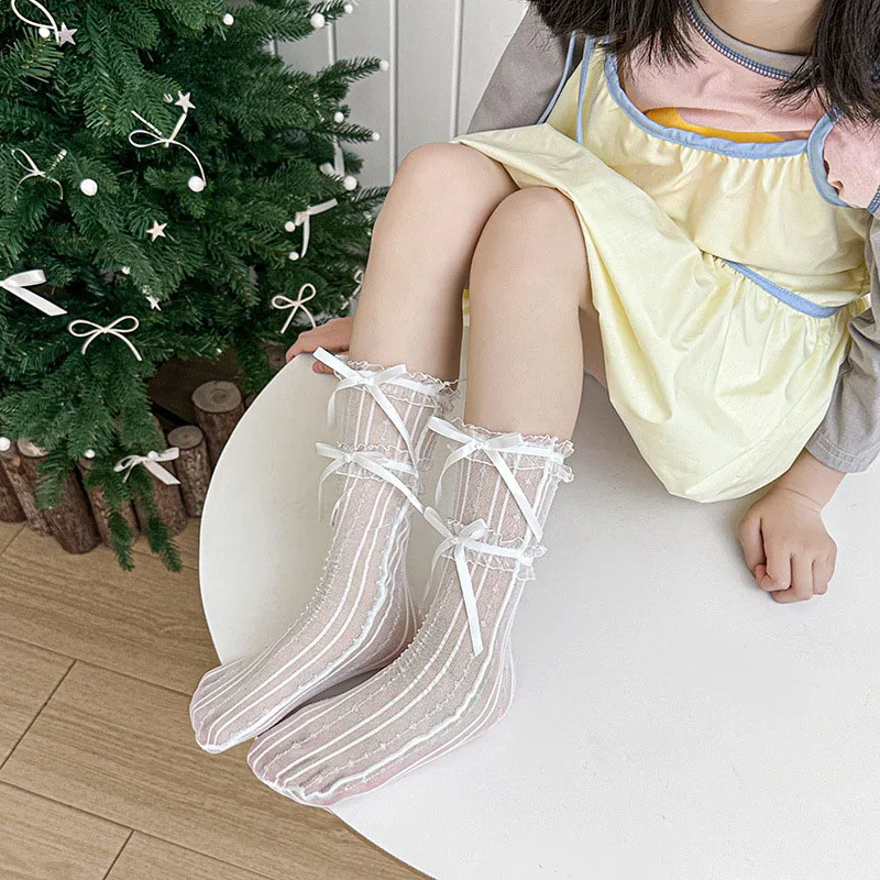 3-10T Summer Kids Knee-high Socks 5 Colors Versatile Ventilate Children Flower Socks Cute Lace Bow Girls In Tube Socks