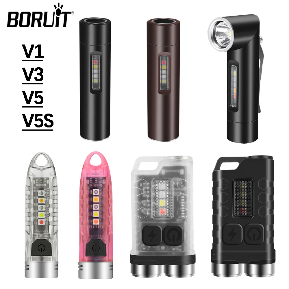 BORUiT Mini EDC LED Keychain Flashlight USB-C Rechargeable Torch Tiki Spotlight Waterproof Camping Lantern with Magnet UV light