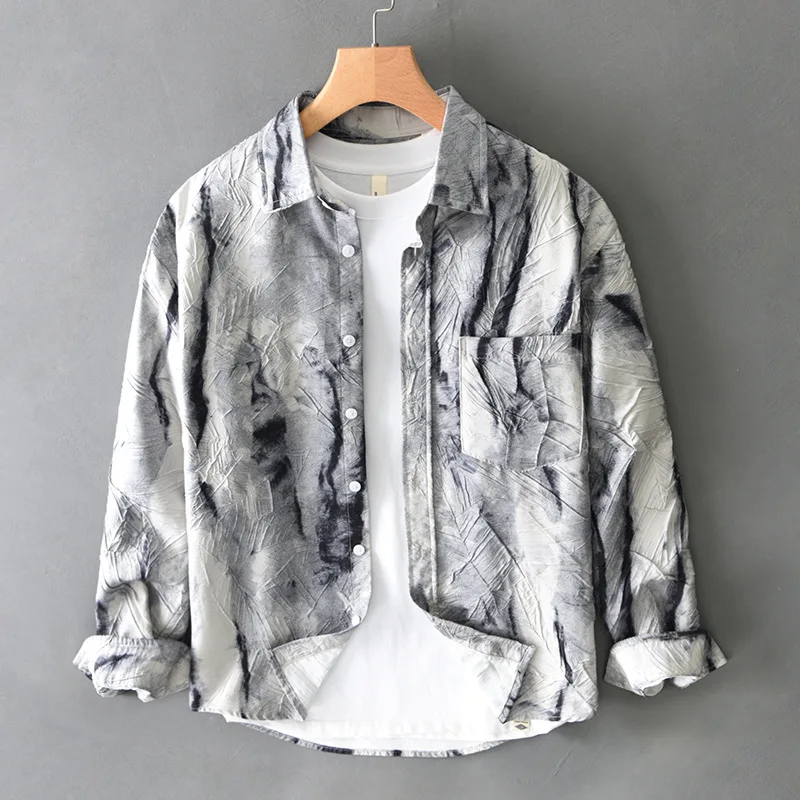 Irregular fold texture long sleeve shirt male spring ruffian Shuai style ink shirt coat loose