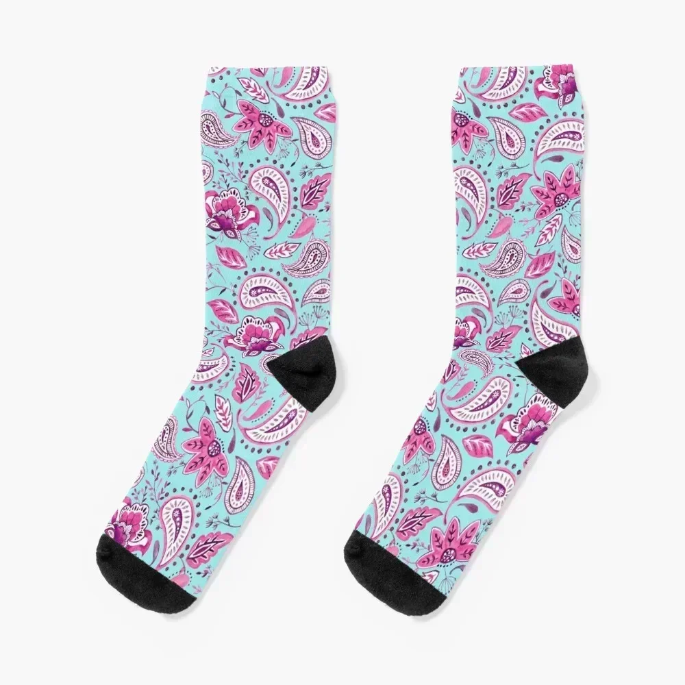 

Watercolor Pink Floral Paisley - Turquoise Socks Wholesale hockey anime Soccer Socks For Men Women's