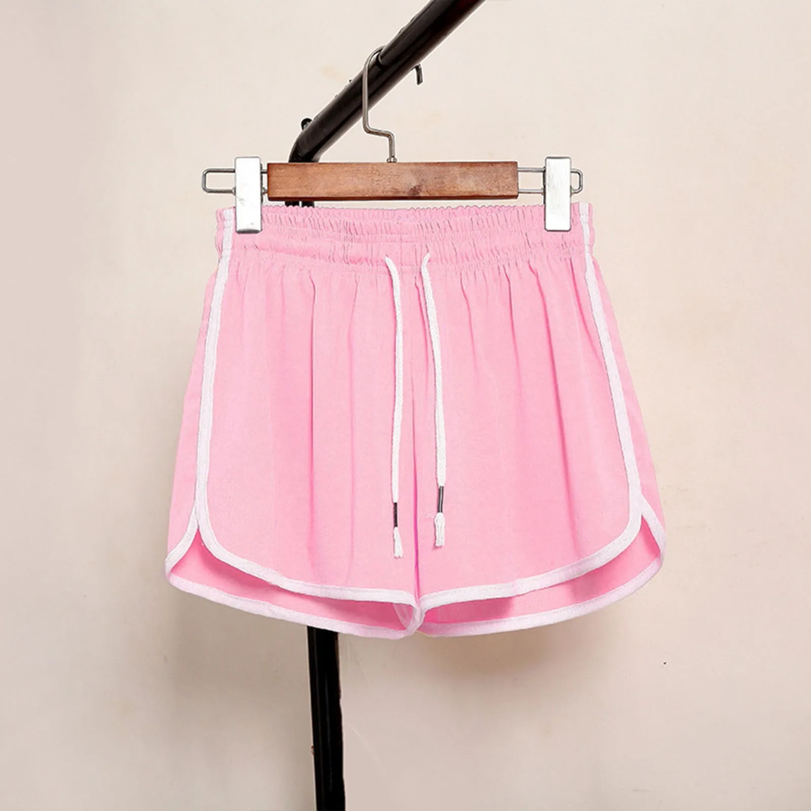 Shorts soltos com cordão feminino, bloqueio de cores, renda, elástico na cintura, bolso, confortável, casual, feminino, tamanho grande, verão