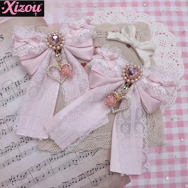 

Милый кружевной кулон ручной работы с сердечком, клубничный большой бант, заколки для волос для женщин и девочек, милые аксессуары для волос, розовые, черные боковые заколки