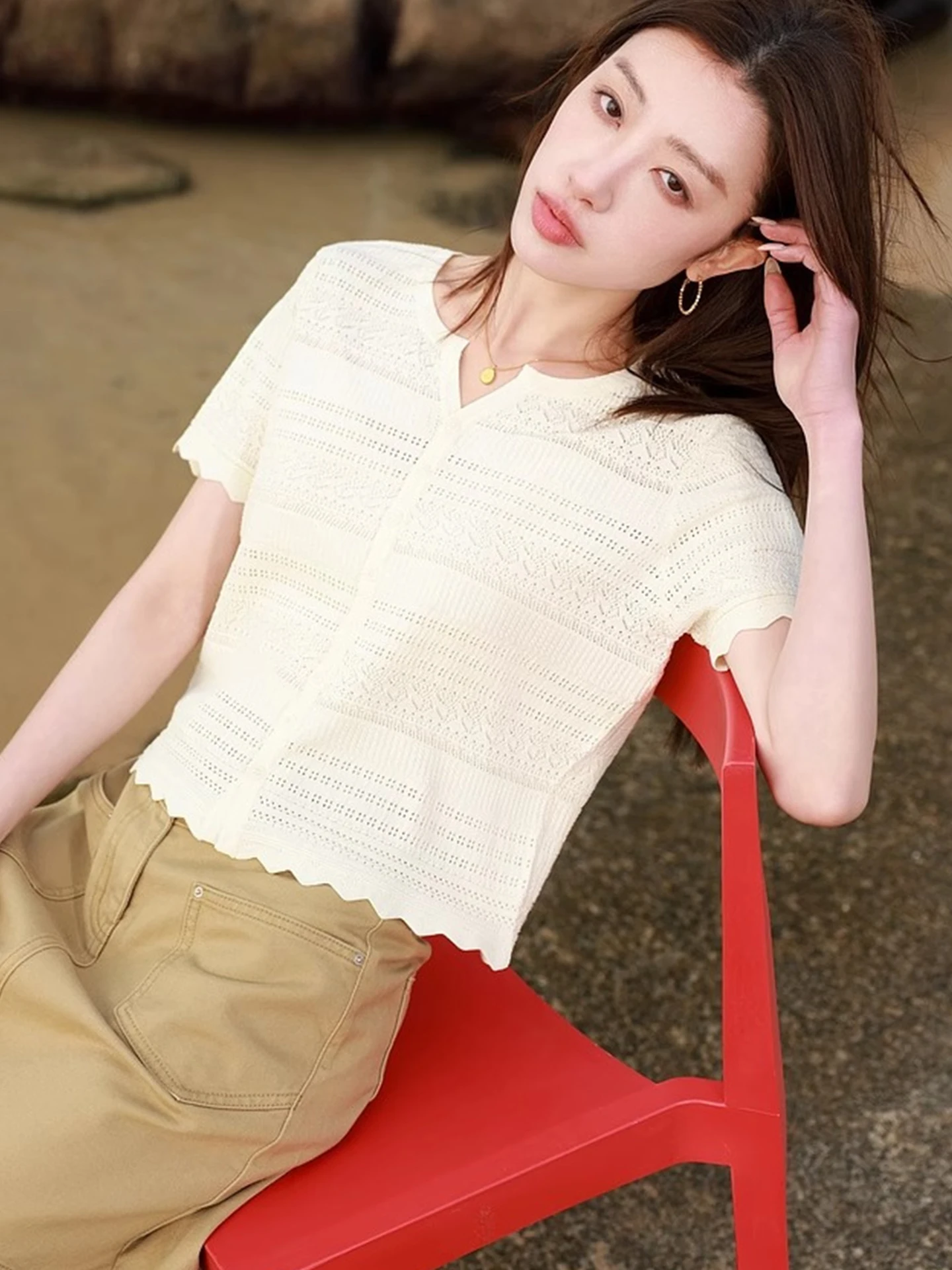 Cárdigan de Punto de Seda Helada con Diseño Calado, Estilo Informal, Cseta de Manga Corta, Ropa de Verano para Mujer