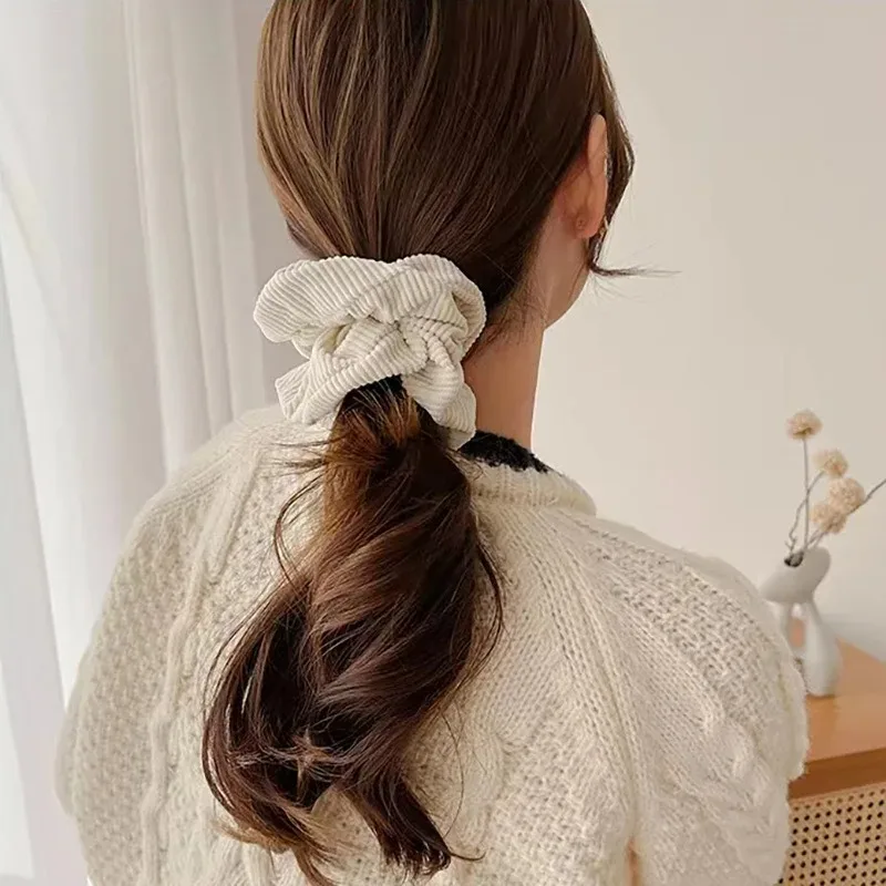 Vintage Solid Color Corduroy Stripe Hair Scrunchie Elastic Hair Bands Korean Hair Accessories For Women Girls Ponytail Headwear image 4