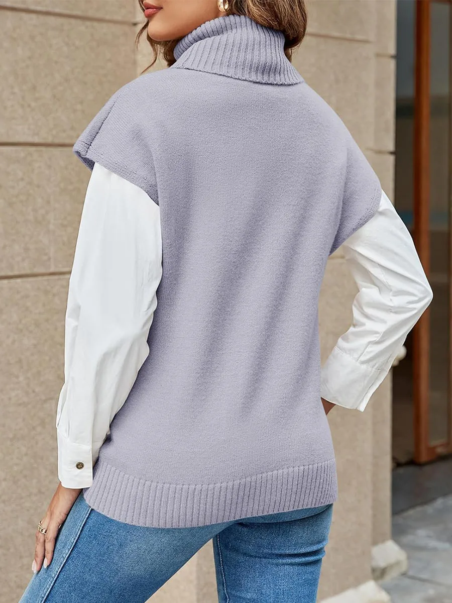 Women Autumn Winter Sweater Vest Solid Color Cap Sleeve Turtleneck Loose Fit Knitted Pullover Tank Tops