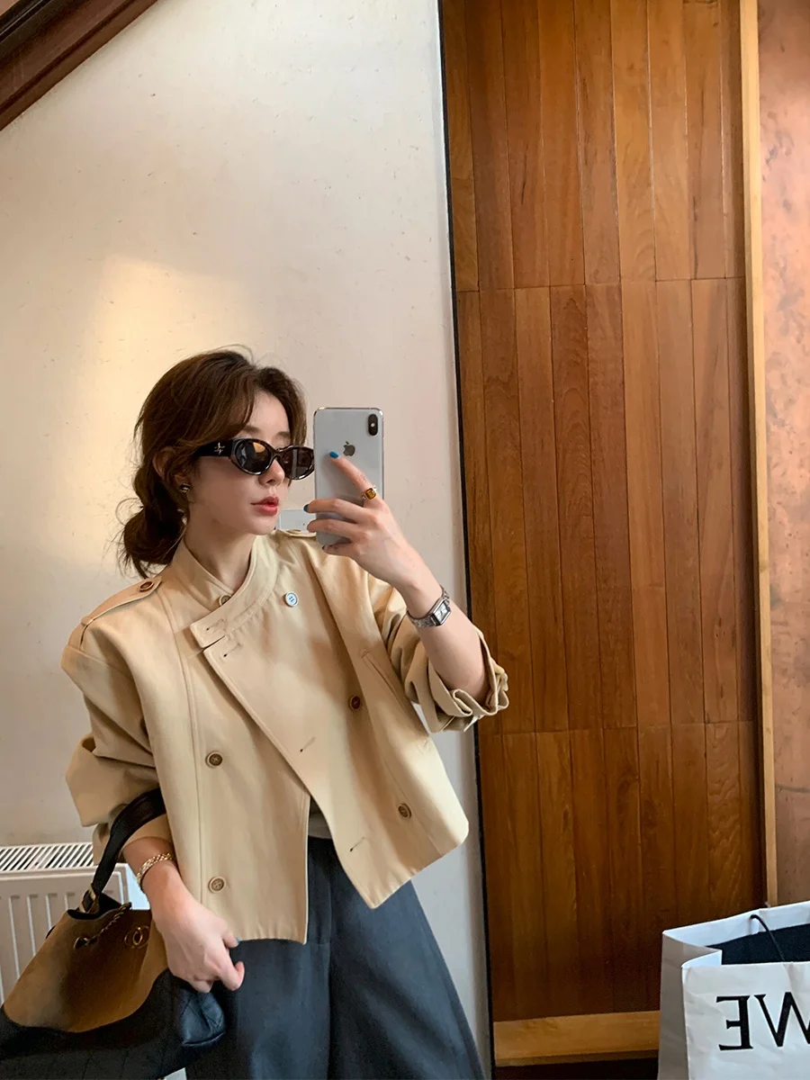 

MUKOK 00% Cotton Khaki Briti Sle Women's ort Jaet Double Breasted Stand Collar Casual Versatile Cotton Coat Top