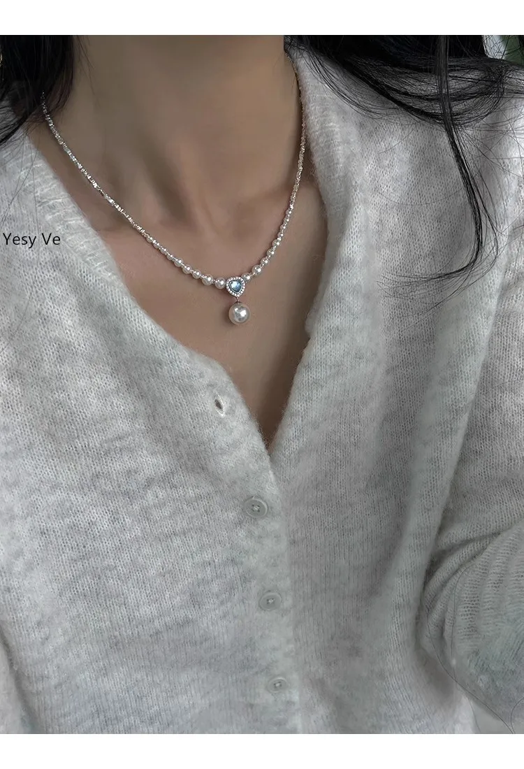 Yesy Ve Women Luxury Exquisite Aquamarine Pearl Necklace 925 Silver Gradient Pearl Necklaces Top Quality Choker Chain