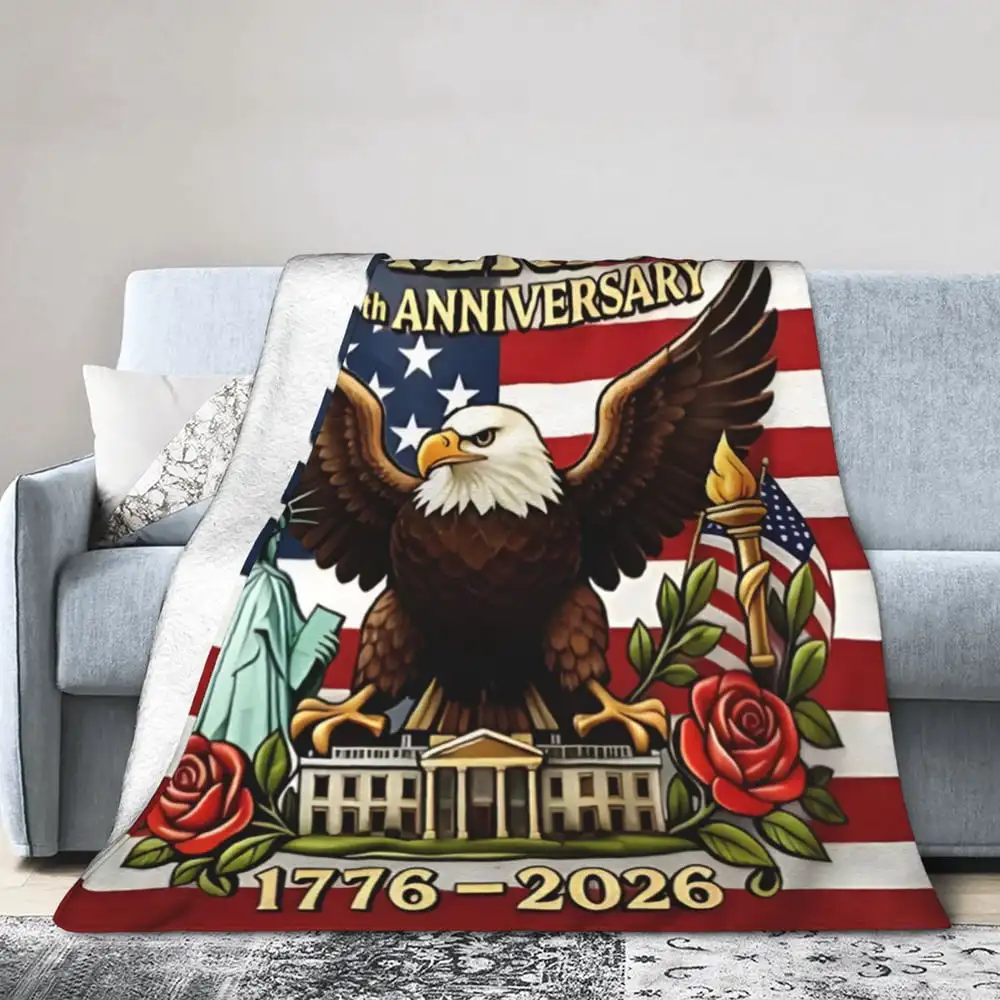 Customize 1776-2026 Patriotic Flannel Throw Blanket, America 250th Anniversary Eagle & Landmark Print for Gifting