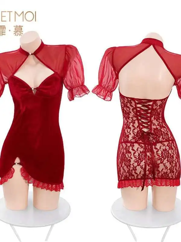 WOMENGAGA Chinese Style Short Sleeve Mini Dress Feimu New Year Velvet Lace Cheongsam Uniform Sexy Split Dress Elegant 2JV3