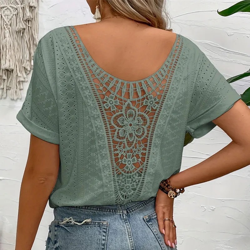 

Y.KUKU New Summer T-shirts Women Short Sleeve Hollow Out Knitted Solid Color Casual Loose Lace Tops Tees Female Clothing