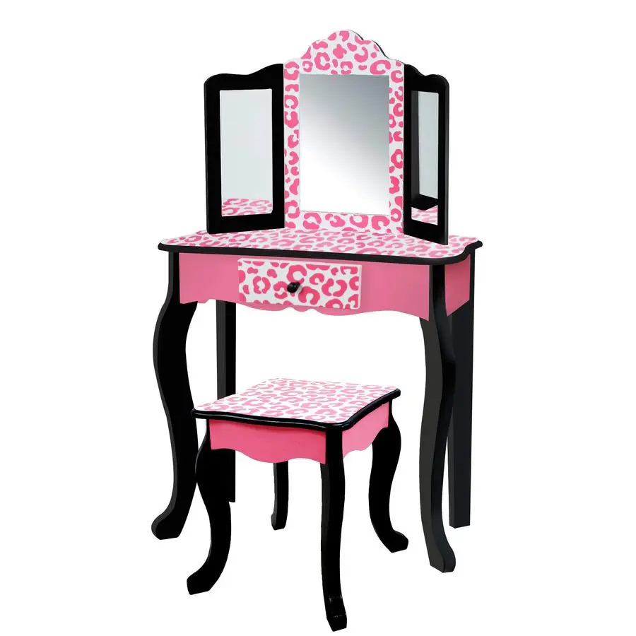 

Kids Leopard Prints Wooden 2pc. Play Vanity Set with TriFold Mirror, Storage Drawer and Matching Stool to Play Dressup, Princess