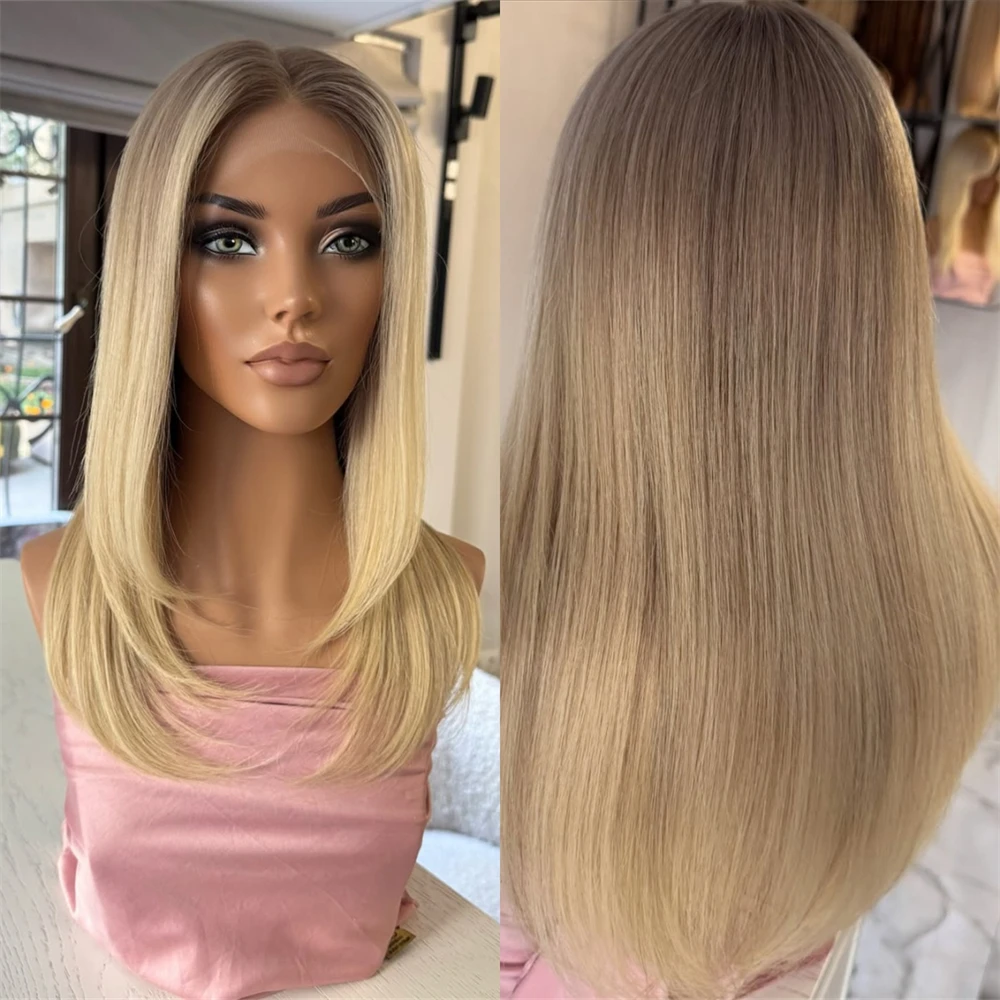 Layered Short Straight Hair Ombre Golden Blonde Synthetic HD Lace Front Wig Heat Resistant Fiber Wigs Preplucked Hairline 14Inch