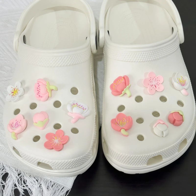 12Pcs Women's Shoe Charms DIY Hole Elegant Cute Sakura Design White Pink All-match Fashionable Decorations Bundle