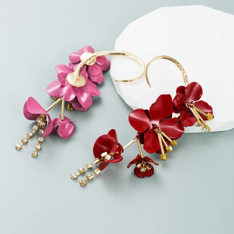 New multi-layer alloy paint flower diamond fringed ear hanging earrings women's Korean retro earrings single pack