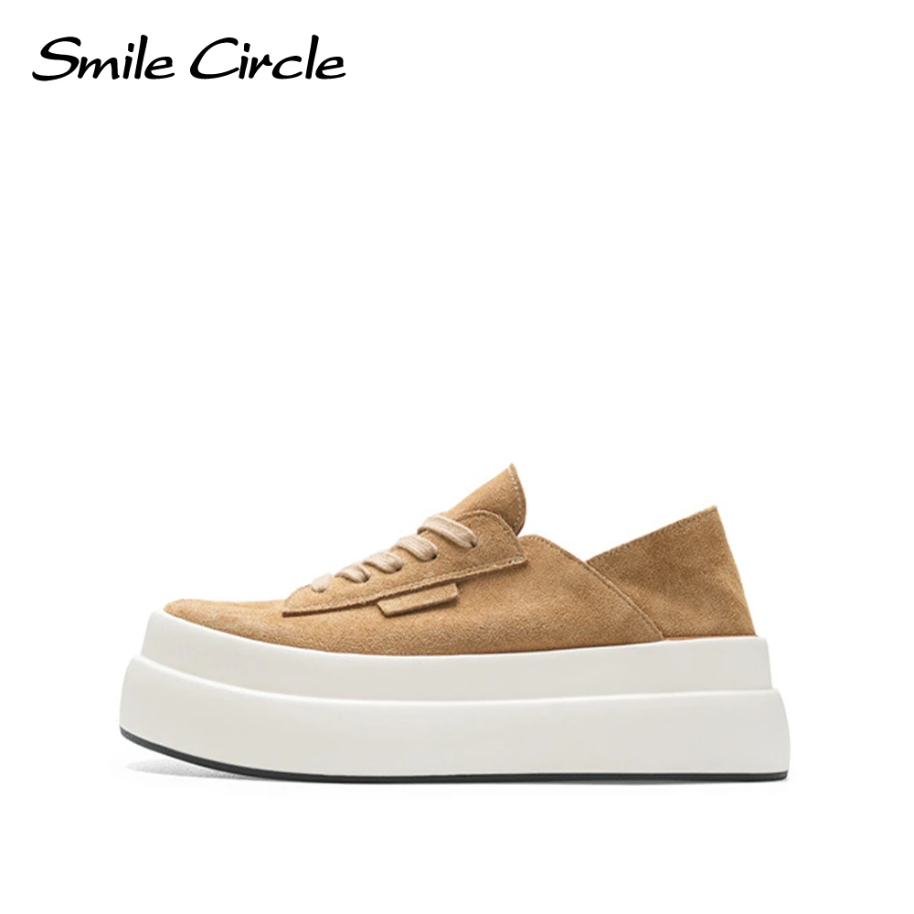 

Smile Circle Women Casual Shoes Suede Leather Round-toe Chunky Shoes Stylish Lace-up Casual Shoes