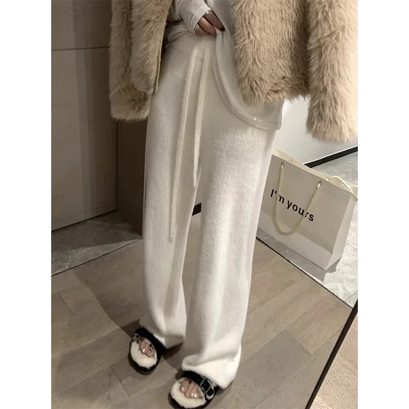 Korean Fashion Women's Wide Leg Pants Autumn Winter Plush Warm Knit Loose Casual Pants Y2k Sweatpants Women Streetwear