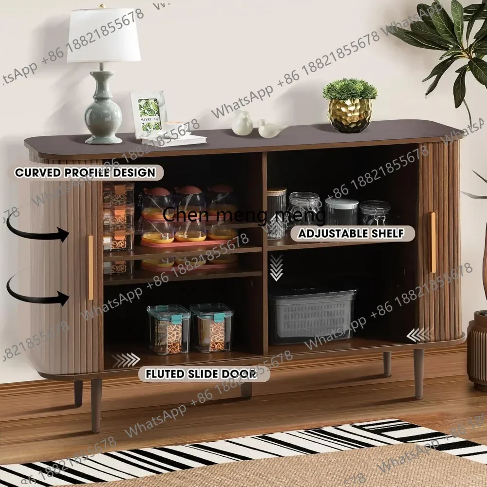 47 Inch Sideboard, Fluted Sliding Door Design, Tambour Storage Cabinet With Adjustable Shelves