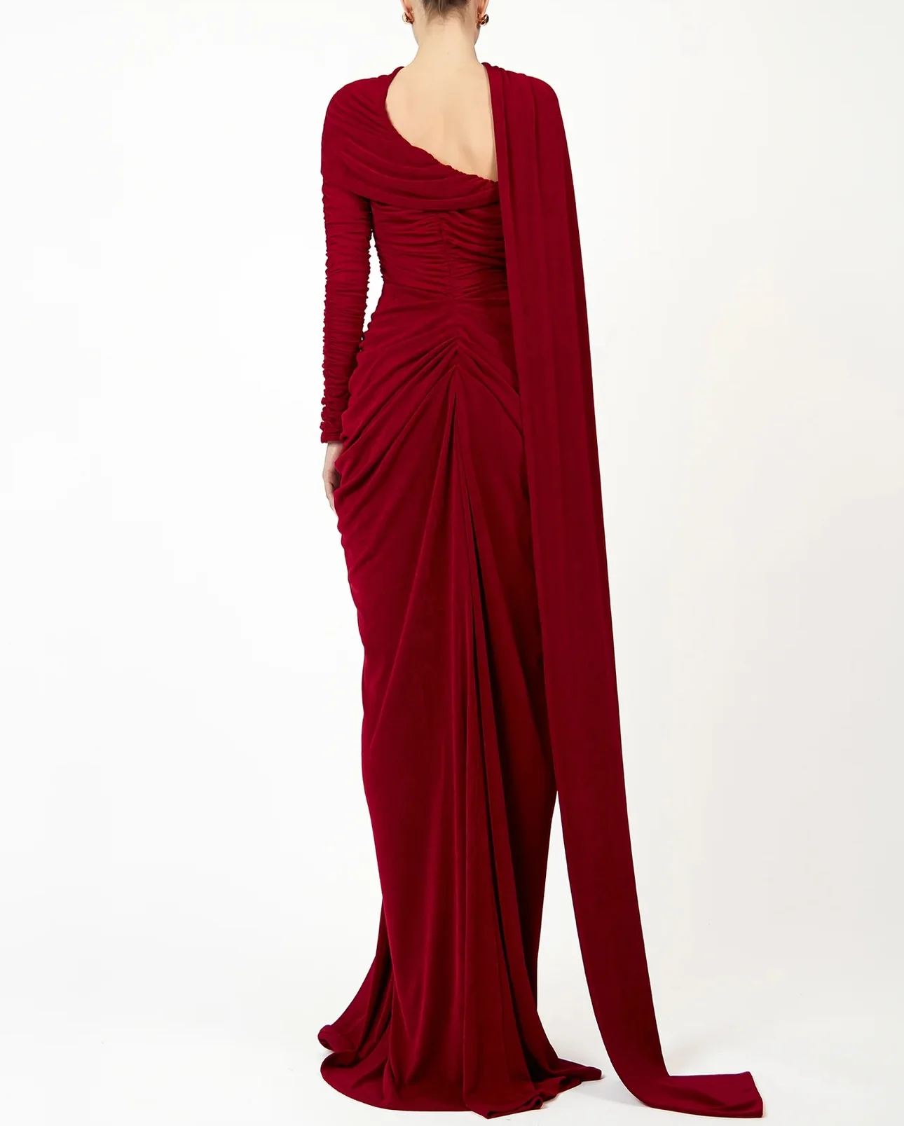Personalizado gracioso um ombro mangas compridas watteau trem vestido de noite temperamento plissados foto cor vestido de fe