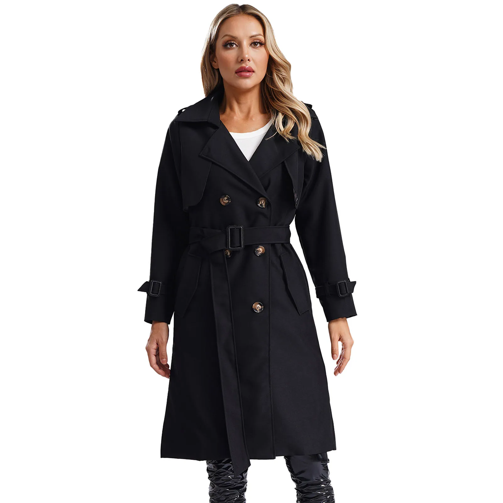 Overcoats Women Long Trench Coat Double Breasted Classic Lapel Fall Overcoat with Self-tied Belt Autumn Winter Outerwear