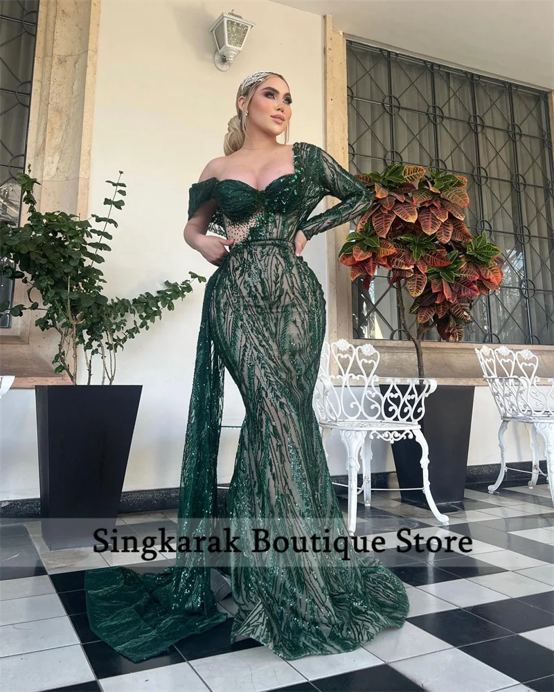 Luxo verde beading vestidos de noite mexicanos 2024 فسات jal chter ة contas cristais lantejoulas sereia vestido de festa de baile personalizado