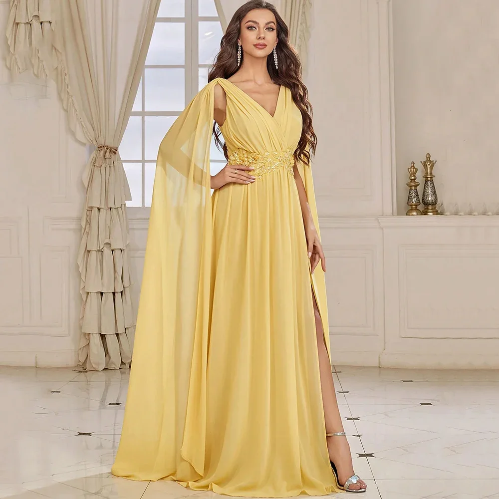 Elegant Chiffon Party Gowns V-Neck with Pleat and Applique A-Line Floor Length Cape Long Sleeves Sexy Side Slit Party Gowns