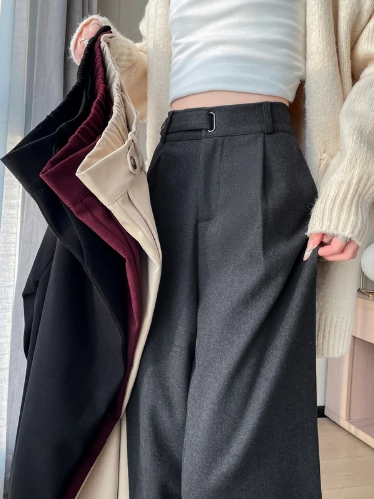 Gray Fleece Lined Slim Straight Wide Leg Suit Pants for Women High Waist Commute Style Korean Fashion Trendy Casual Trousers