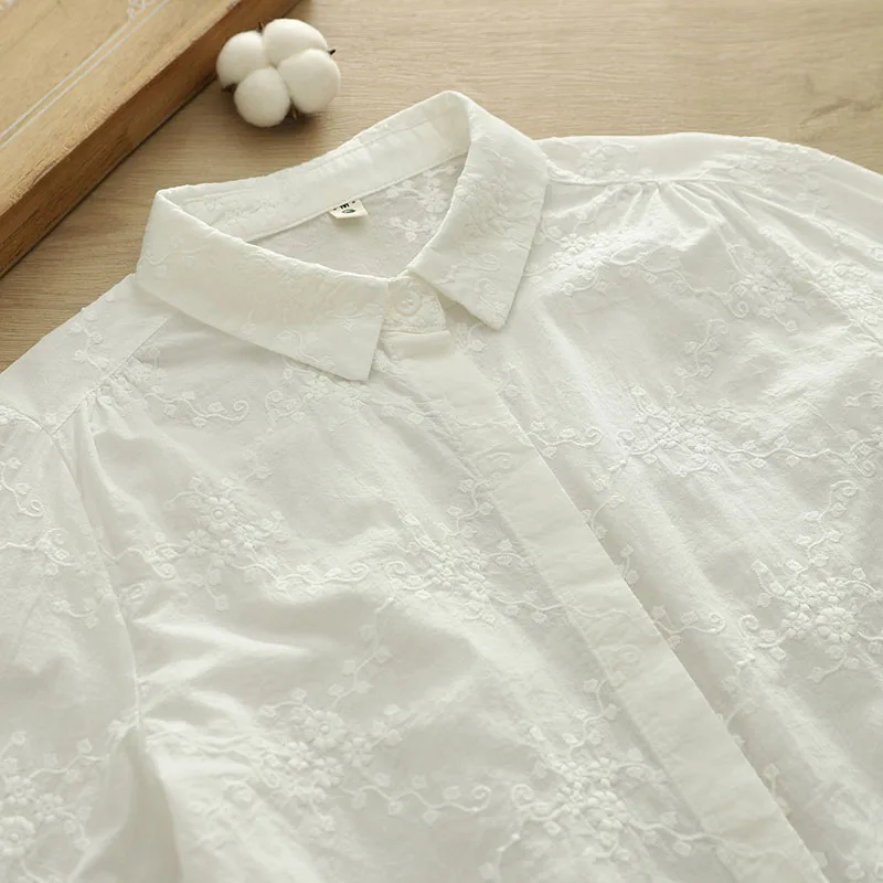 

High Grade 100% Cotton Shirt for Women All-match Long Sleeve Embroidery Florals Bottom Tops Office Lady Shirt S183