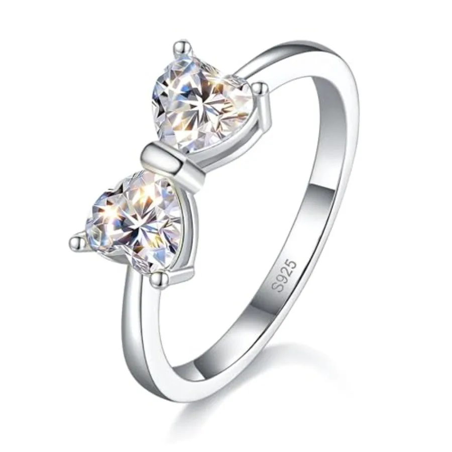 

Moissanite Bow Promise Ring for Women, 1.6CT Heart Engagement Ring in S925 Sterling, 18K White Gold Plated Stackable Ring