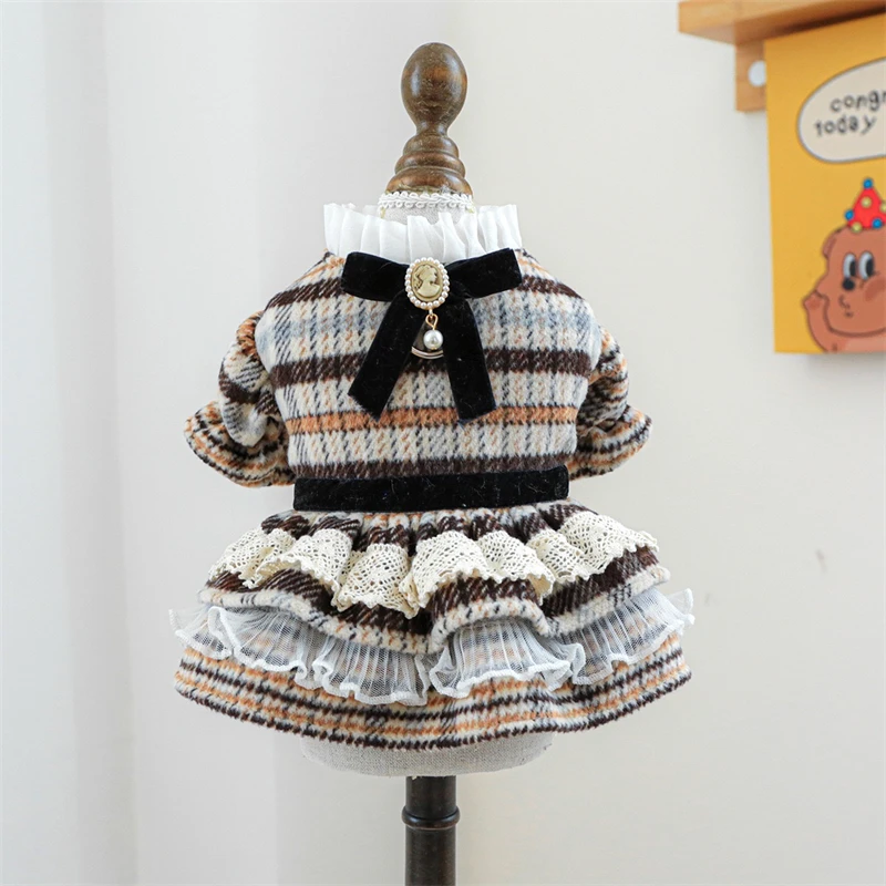 High Collar Small Dog Clothes Plaid Woolen New Year Autumn Winter Brown Overalls for Cats Maillard Fashion Girl Chihuahua Dress