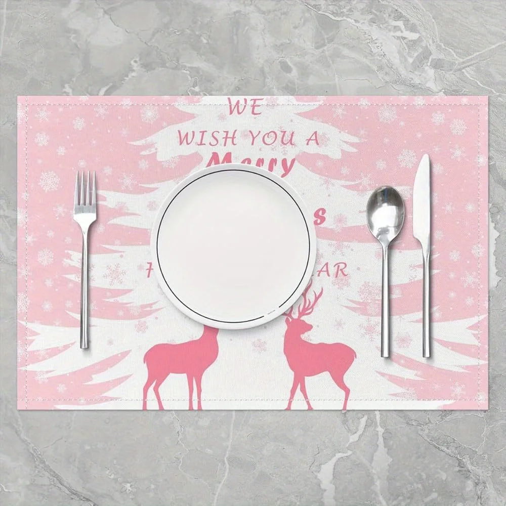 4pcs, linen placemats 12x18 inch single sided print, Merry Christmas Placemats for Dining Table Cute Deer Snowflake High Quality