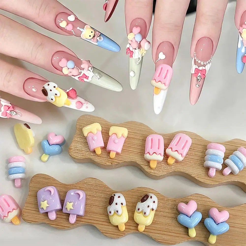 10Pcs 3D Cartoon Popsicle Series Nail Charms Macaron Heart Ice Cream Resin Nails Art Decoration for Summer Manicure Accessories