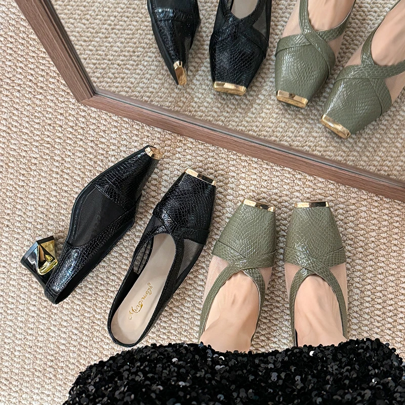 Summer Fashion Women Square Head strange Medium Heel Closed toe slip-on High Heel Slippers Outdoor Wear Pressing Pattern Sandals