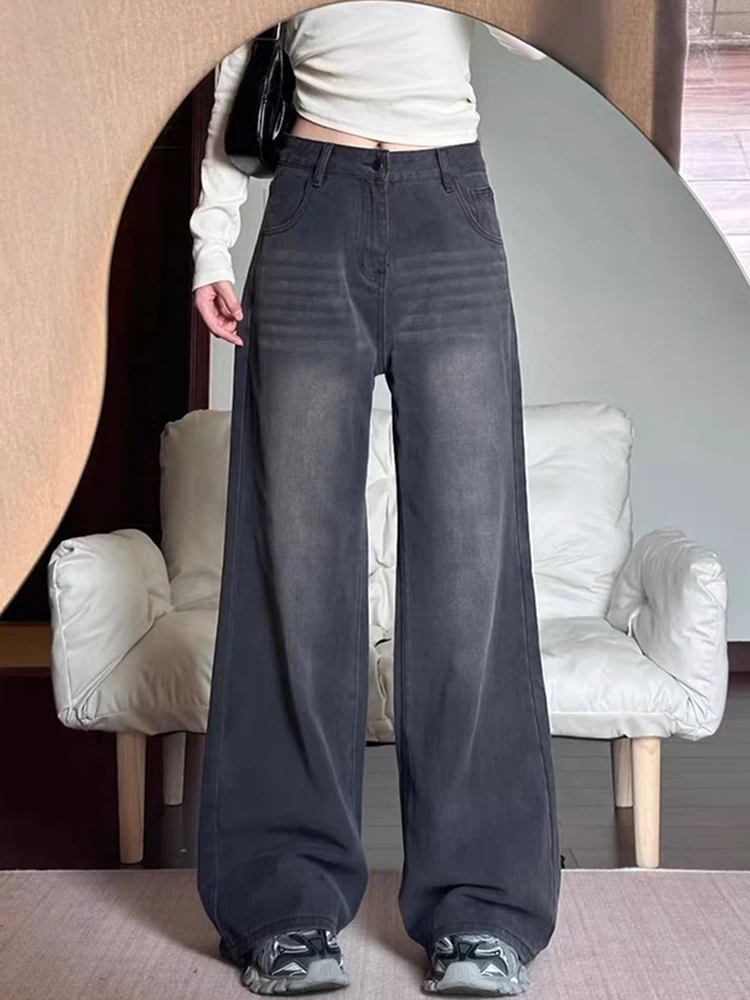 

Black Gray Loose Floor Length Jeans Retro Commuting Versatile Straight Leg Pants Chic High Waisted Casual Denim Trousers