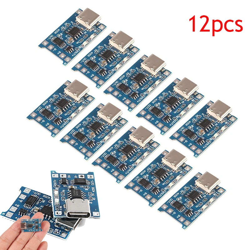 12PCS 18650 Lithium Battery Charger Module TP4056 Type-c USB 5V 1A Charging Board with Dual Protection Functions