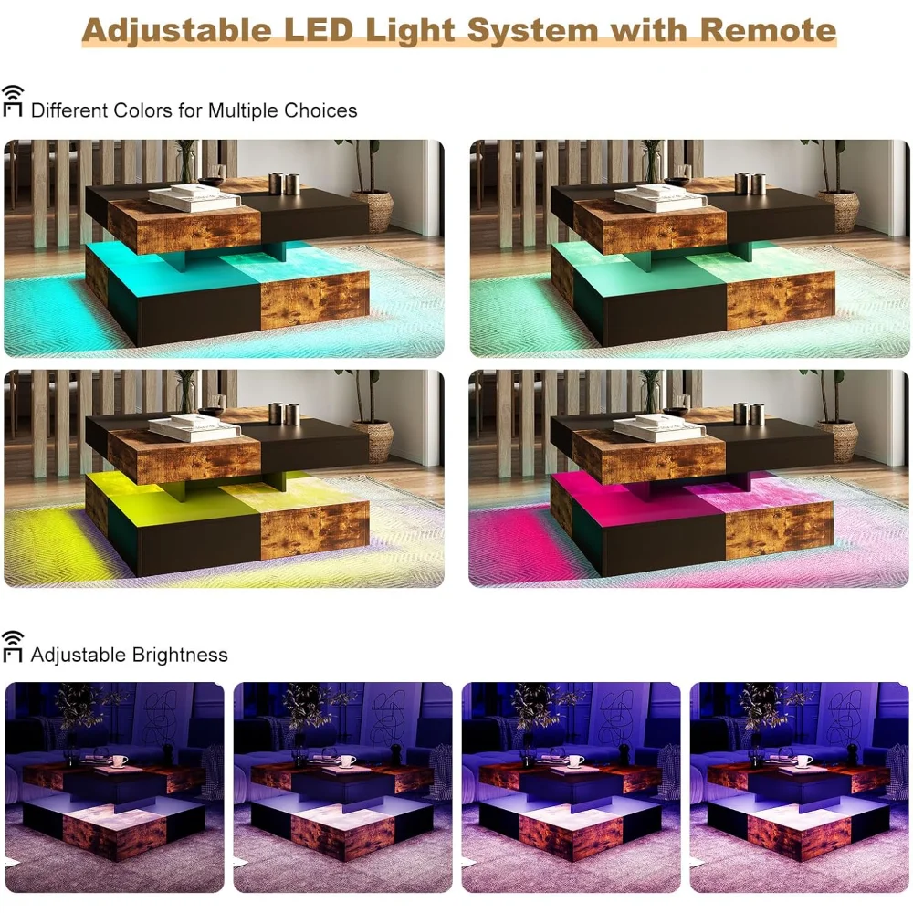 LED Coffee Table for Living Room,  Living Room Table 2-Tier Square Middle Center,  Modern Coffee Tables with Storage