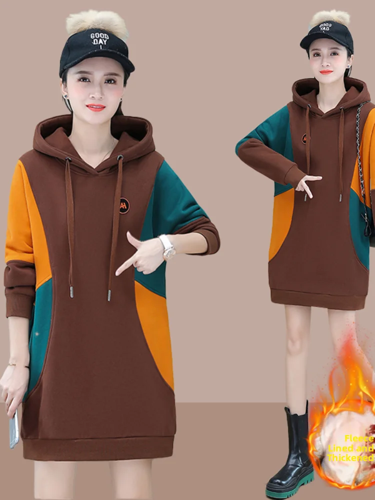 

Thiened Fce Women's Hoodie Mid-Length Oversized Top Trendy Splicing Autumn Winter New Sle Casual Comfortable Streetwear