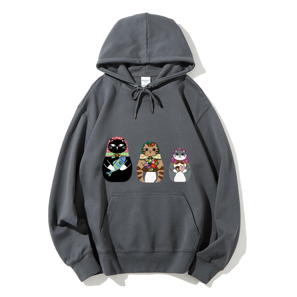 

Y2K Graphic Hoodie Cat Matryoshka Dolls Print Adorable Playful Creative Hoodie Soft Fabric for Feline-Inspired Casual Looks