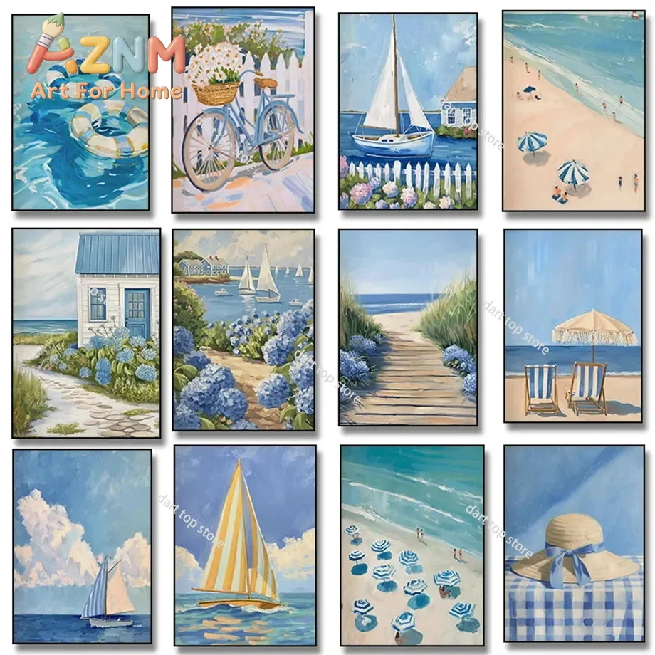 Blue Coastal Beach Seashell Sailboat Hydrangea Posters Prints Canvas Painting Wall Art Pictures Living Room Home Decor Cuadros