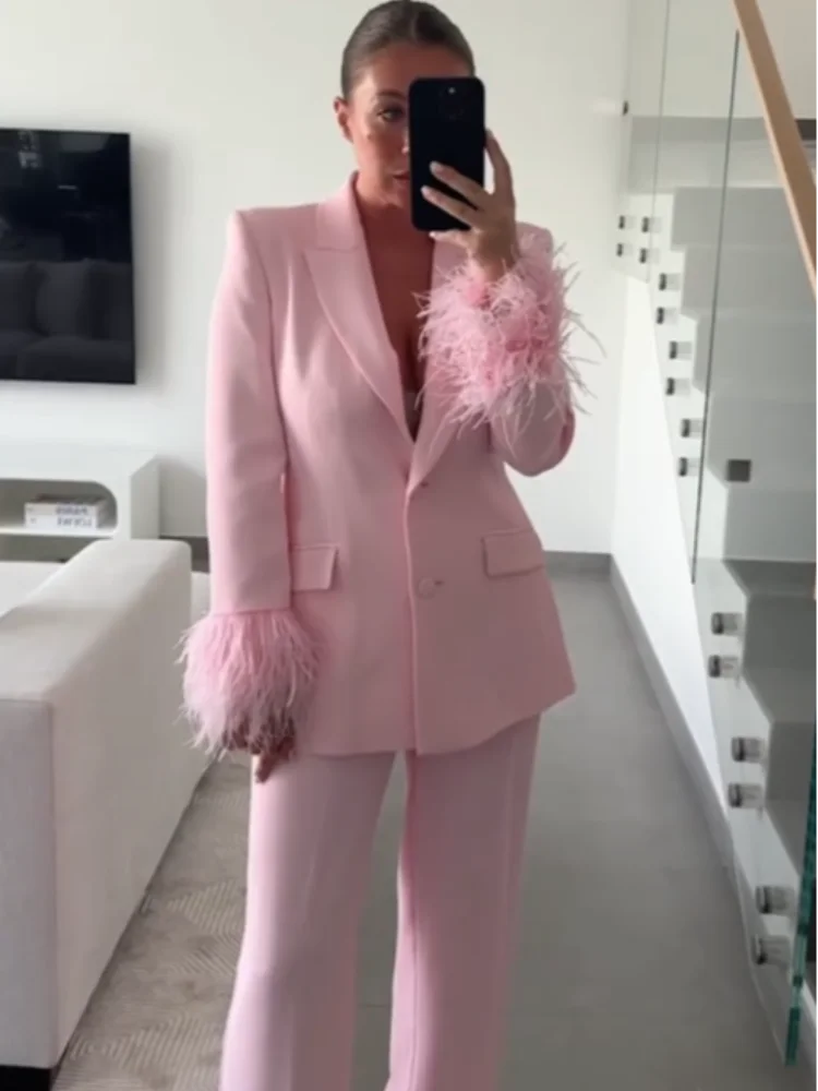 

Elegant Office Feather Pants Set Women Fashion Turn-down Collar Pockets Jacket Long Trousers Spring Summer Lady Suit Commuting