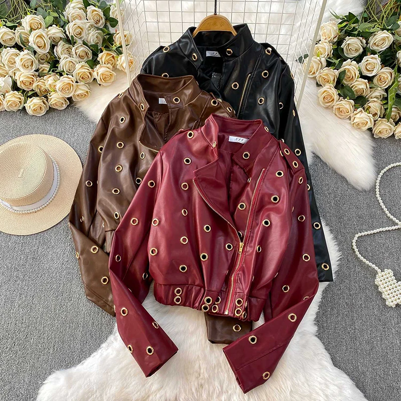 Fashionable and high-end design metal hole stand up collar short jacket women's spring street temperament PU leather coat