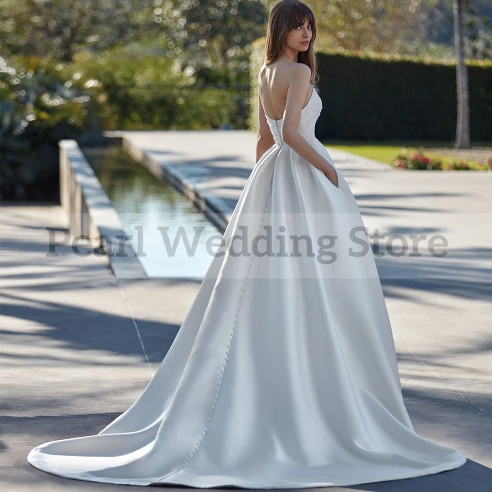 Satin Sweetheart Neck Card Shoulder Sleeves Wedding Dress With Pleats With Pocket Buttons Bridal Gown A-Line Floor Length