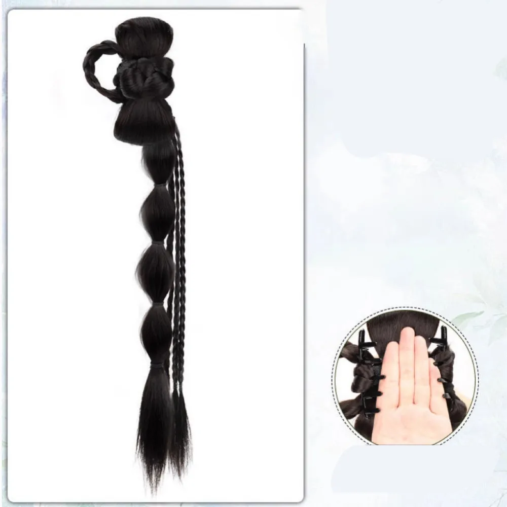 Parrucca sintetica con treccia a bolle di coda di cavallo Hanfu Cheongsam Testa a sfera con cravatta laterale Clip-on Trecce intrecciate Estensione Bocciolo di fiore simulato