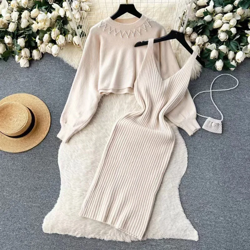 Winter Women Knitted Sets Fashion Breading Long Sleeve Pearl Sweater+Knitted Camis Dress Sets Fashion Sweater Suits