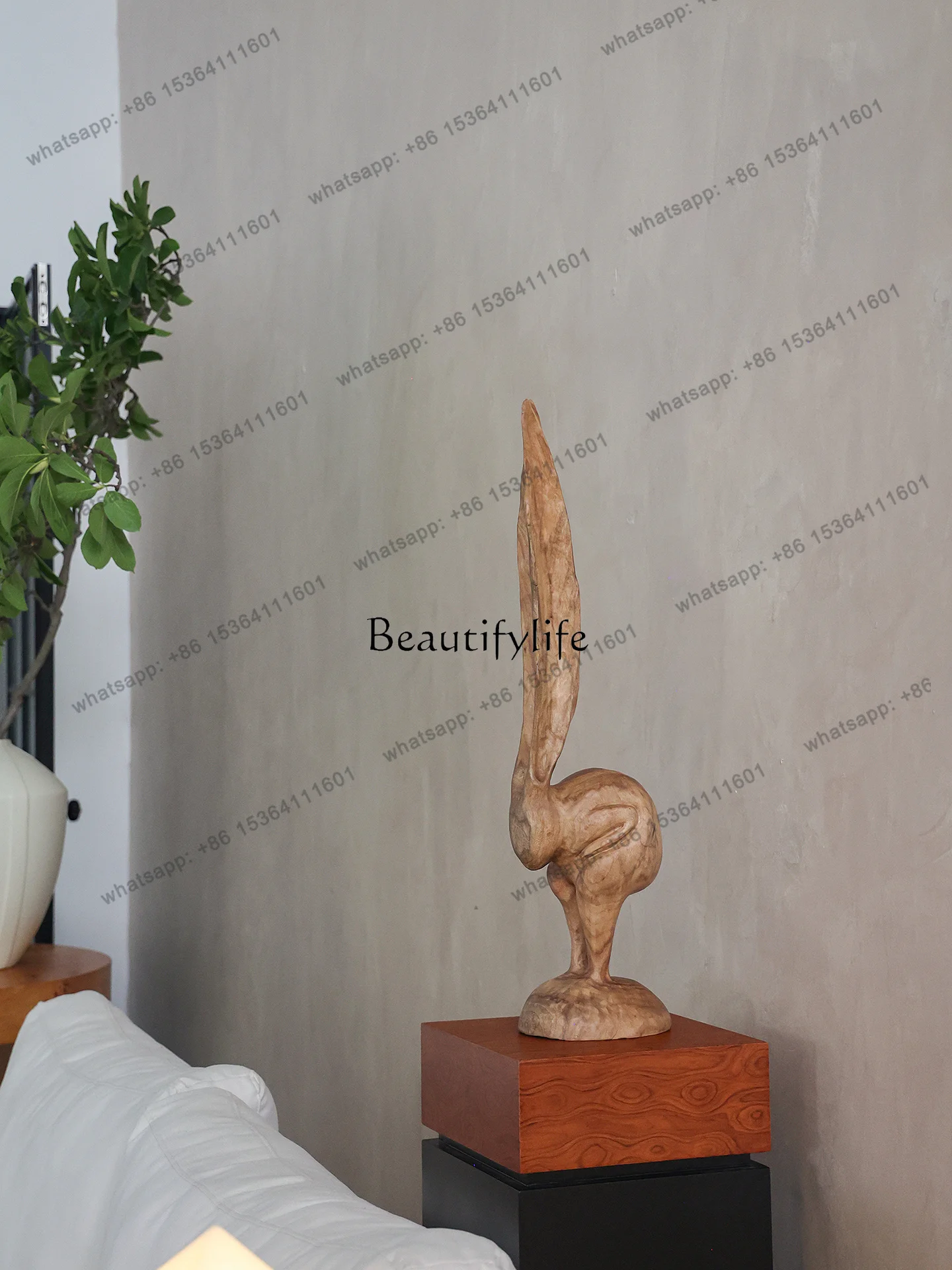 Factory Direct   Long-eared rabbit art sculpture medieval villa solid wood carving living room art soft decoration ornament