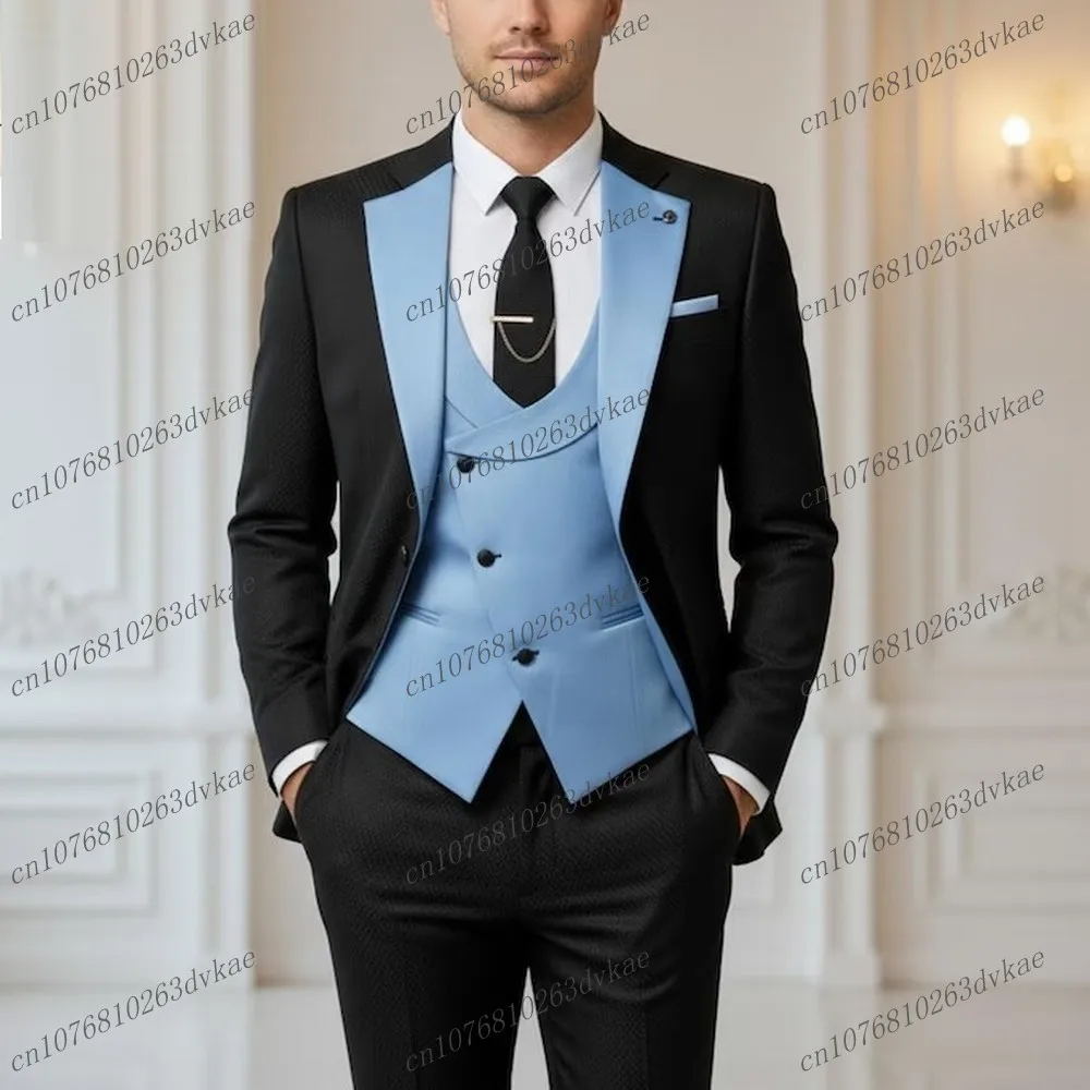 

New Black And Blue Men Suit Wedding Party Formal Groom Groomsman Prom Business Male Tuxedos 3 Piece Set Jacket Vest Pants