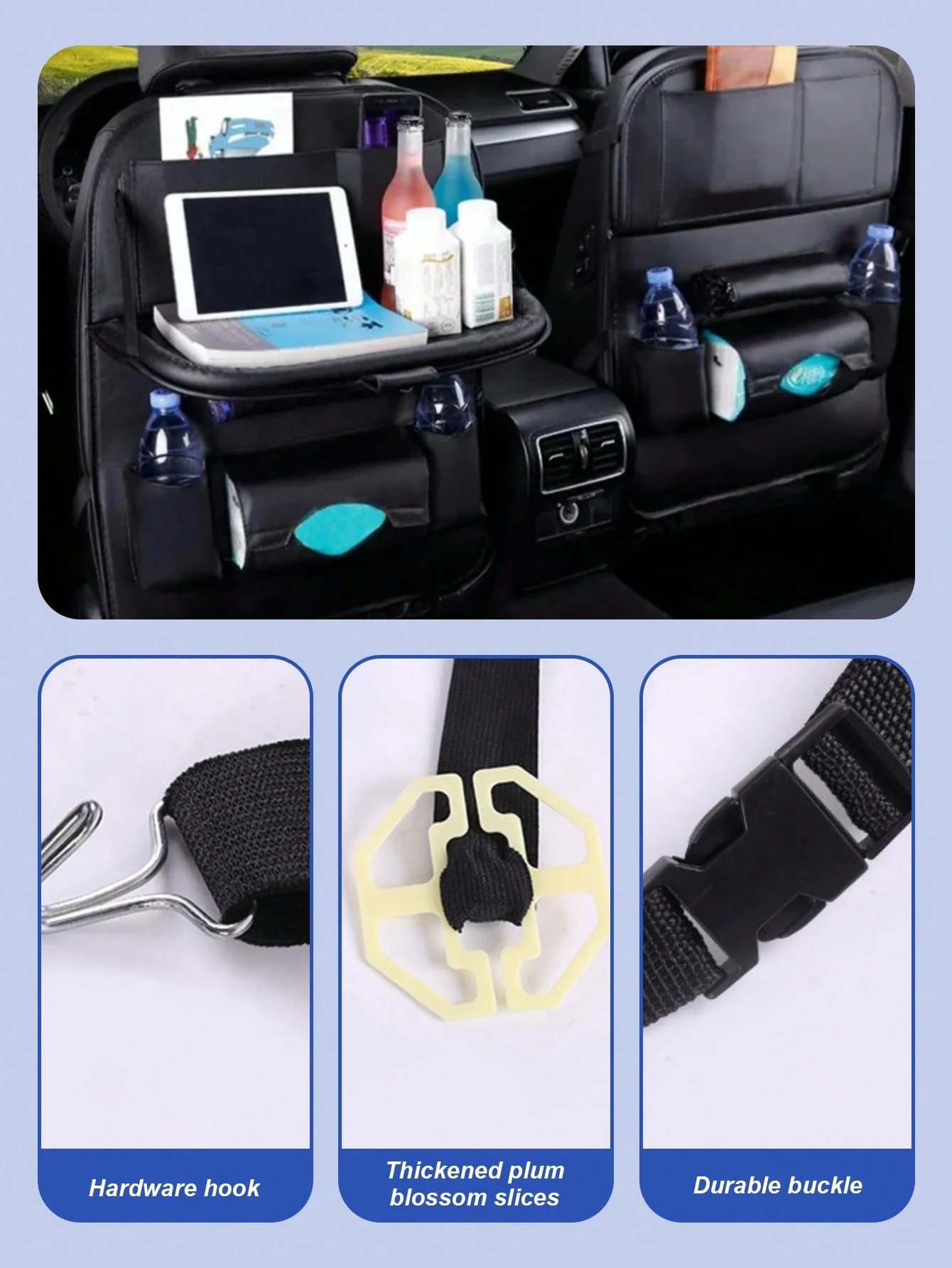 Car Seat Back Organizer - Multi-Pocket & Cup Holder & Trash Bin Design with Tray to Store 11-inch Tablet for Cars, Durable PU Le