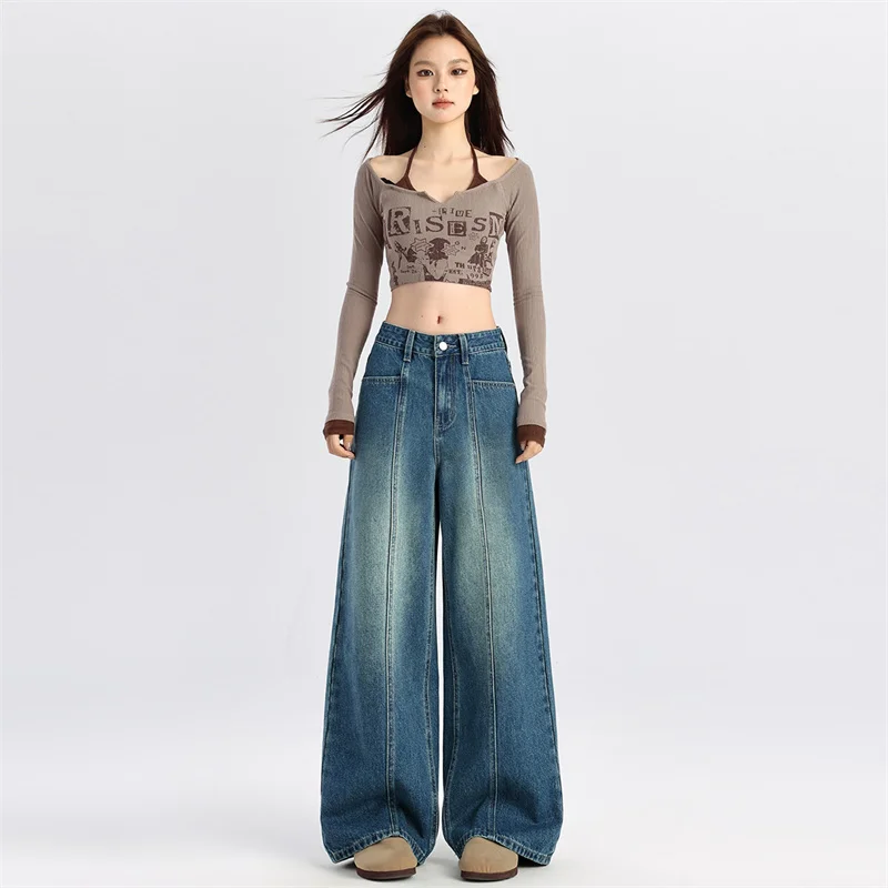 2024 New Arrival Women's Jeans Vintage Blue High Waist Flare Pants Autumn Winter American Sweet Cool Style Slimming Trousers