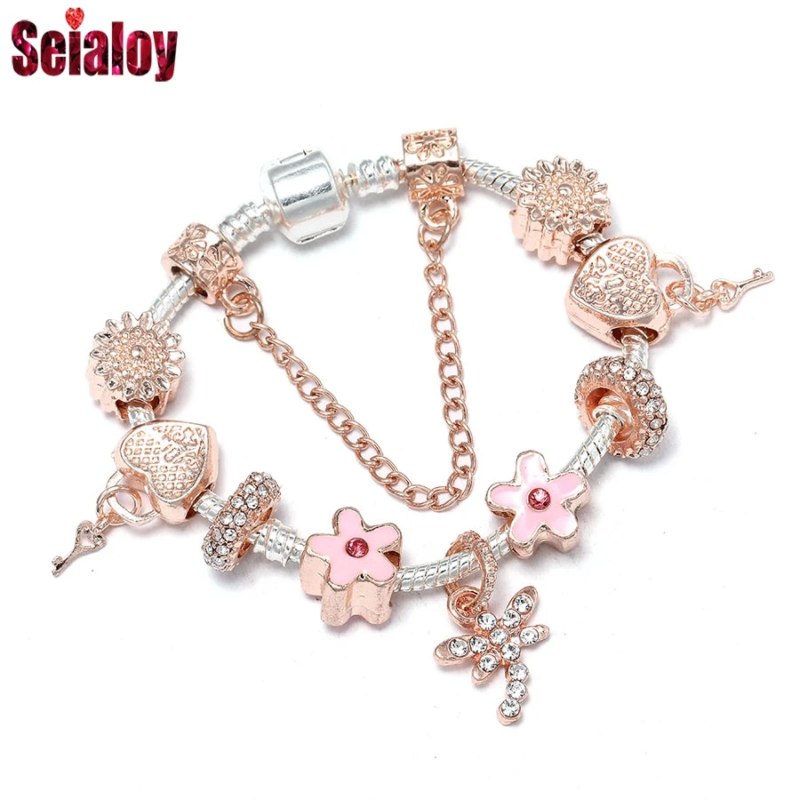 Seialoy Rose Gold Color Dragonfly Charm Bracelets For Women Girls Heart & Key Beads Pendant Dangle Bracelet Jewelry