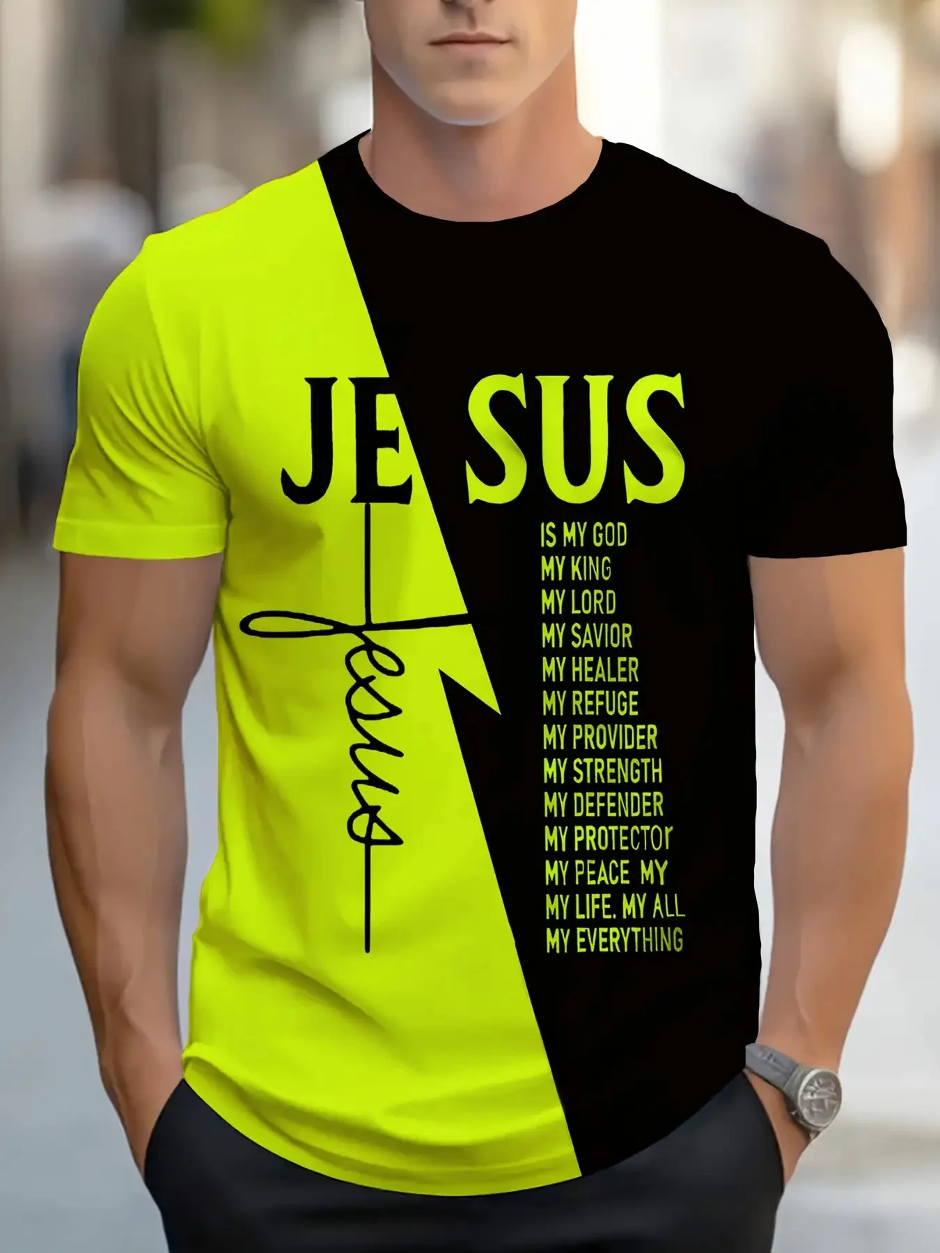 Herren-T-Shirt im christlichen Stil mit Rundhalsausschnitt und Textdesign, lässiges Sport-Top, bequem und einfach, kurzärmelig für alle Jahreszeiten – Detail 4